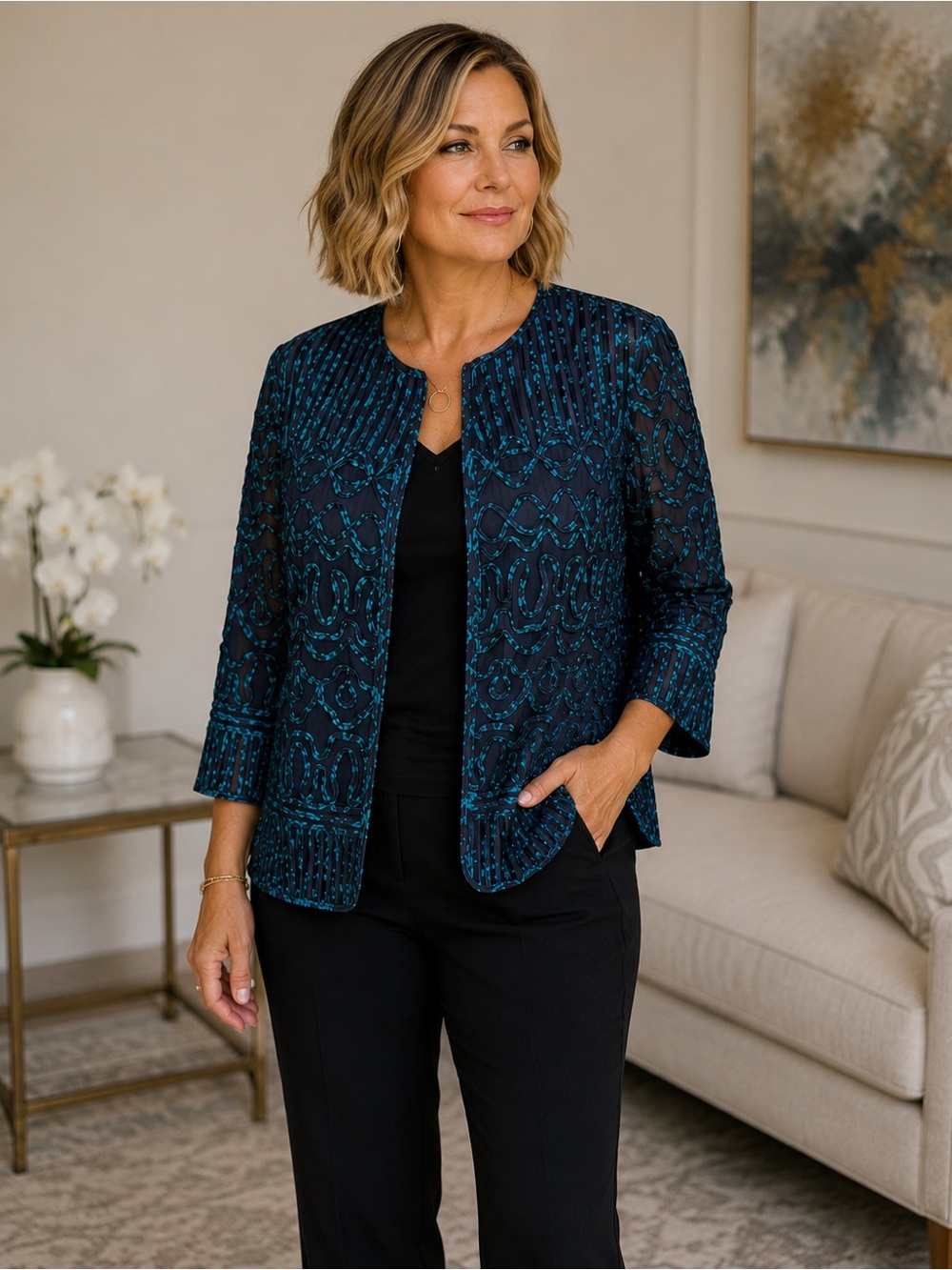 Chico’s Travelers 3 (16/18) Teal Black Soutache Jacket Sheer Art Deco Statement
